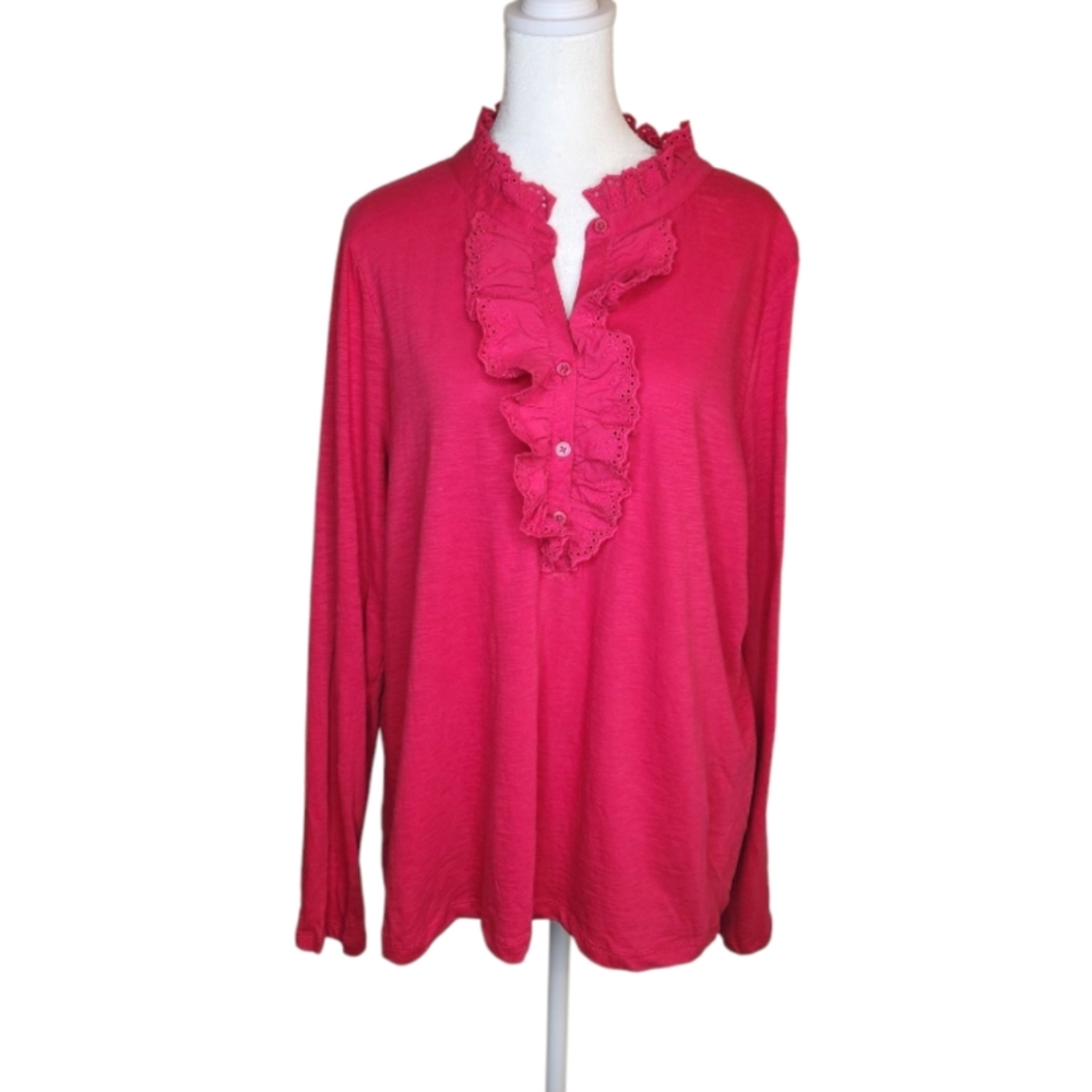 NEW Loft Ruffle Neck Henley Pink Top Size XL